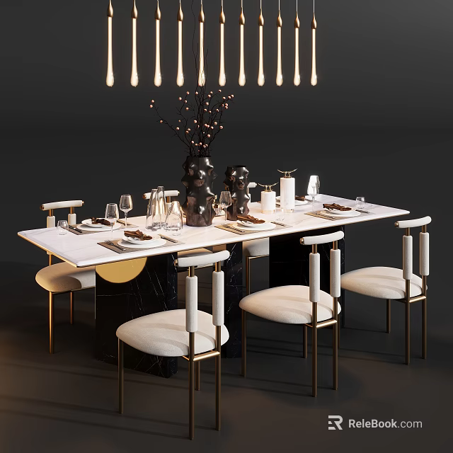 Elegant Light Luxury Dining Table Set With Marble Top And Soft Upholstered Dining Chairs 3d model 