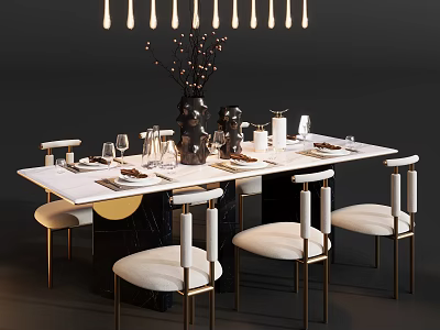 Elegant Light Luxury Dining Table Set With Marble Top And Soft Upholstered Dining Chairs 3d model