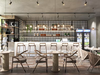 Modern Café Interior With Checkered Tiles Bar Stools And Tables 3d model