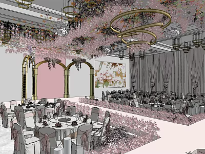 Elegant Banquet Hall With Golden Chandeliers Pink Floral Arrangements Drapes And Tables 3d model