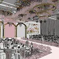 Elegant Banquet Hall With Golden Chandeliers Pink Floral Arrangements Drapes And Tables
