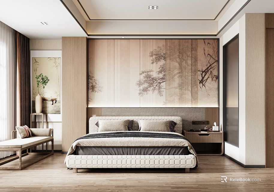 Modern Hotel Guest Room Interior With Comfortable Bed And Wooden Headboard Wall Art 3d model 