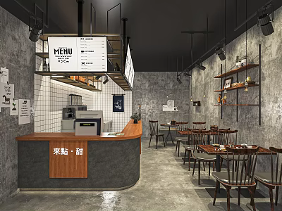 Modern Industrial Cafe Interior With Wooden Counter Menu Sign Concrete Walls And Dining Tables 3d model