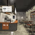 Modern Industrial Cafe Interior With Wooden Counter Menu Sign Concrete Walls And Dining Tables