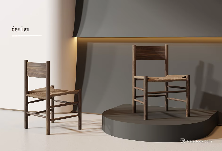 Walnut Wood Leisure Chairs With Woven Seats In Modern Minimalist Interior Design 3d model 