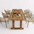 Rustic Long Wooden Table and Woven Chair Set with Fruits and Bread