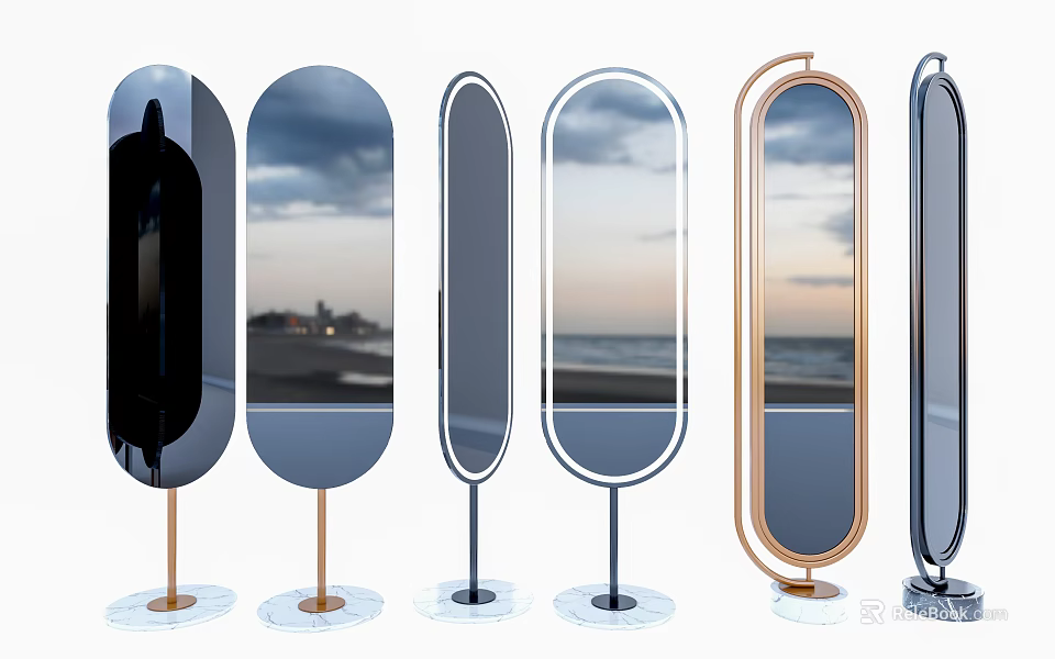 Stylish Floor Mirrors With Various Frames Reflecting Scenery In Black Gray Gold 3d model 