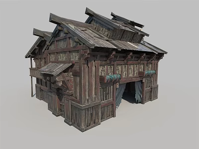 Traditional Wooden House With Sloped Roof Weathered Wood And Carved Details 3d model