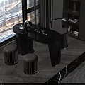 Modern Tea Table and Chairs with Marble Top and Grey Stools by Large Window 3d model