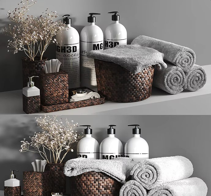 Elegant Washing Daily Essentials With White Soap Bottles Rolled Towels Woven Baskets And Dried Flowers 3d model 