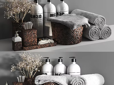 Elegant Washing Daily Essentials With White Soap Bottles Rolled Towels Woven Baskets And Dried Flowers 3d model