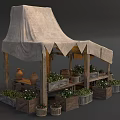 Bonsai Potted Plants at Canvas Canopy Stall with Wooden Boxes Baskets Green Plants Hanging Decorations