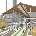 Modern Commercial Street With Sloped Roof Architecture Surrounded By Tall Buildings Trees And Pedestrians