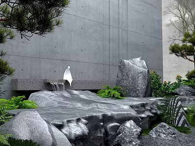 Serene Garden Ornament With Gray Concrete Wall White Sculpture Flowing Water Rocks And Green Plants 3d model
