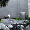 Serene Garden Ornament With Gray Concrete Wall White Sculpture Flowing Water Rocks And Green Plants