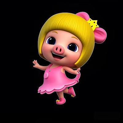 Cute Cartoon Character With Blonde Hair Pink Bow And Pink Dress Dancing Cheerfully 3d model