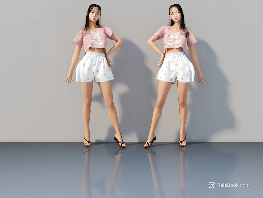 Two Women Wearing Pink Tops And White Shorts With Black High Heels On Reflective Floor 3d model 
