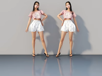 Two Women Wearing Pink Tops And White Shorts With Black High Heels On Reflective Floor 3d model