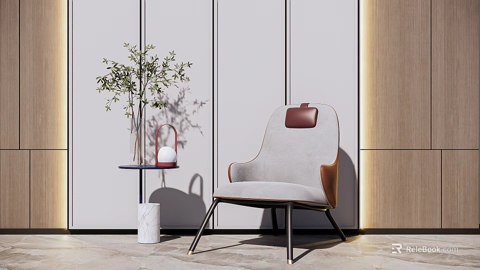 Gray Upholstered Leisure Chair With Leather Accents Side Table Vase Green Plant In Modern Interior 3d model 