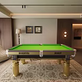 Elegant Green Felt Billiard Entertainment Table With Golden Legs Wooden Cabinets And Decorative Wall Art