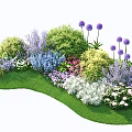 Colorful Garden Flower Bed With Purple Blue Pink White Flowers And Green Shrubs