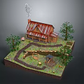 Rustic Cottage With Red Roof Smoking Chimney Surrounded By Trees And Wooden Fence