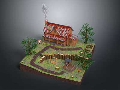 Rustic Cottage With Red Roof Smoking Chimney Surrounded By Trees And Wooden Fence 3d model