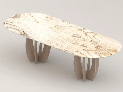 Oval Shaped Dining Table With Beige Marble Tabletop Natural Veins And Wooden Legs Design 3d model