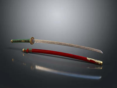 Traditional Japanese Sword With Green Handle And Red Scabbard Design 3d model
