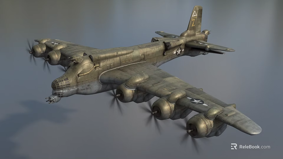 Vintage Military Fighter Aircraft With Multi Propellers Wings And Star Insignia 3d model 