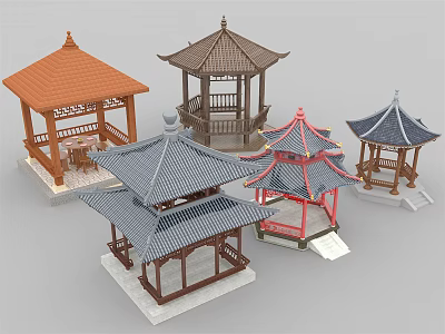 Different Traditional Chinese Pavilion Models With Various Roof Styles And Designs 3d model