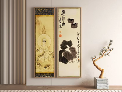 Traditional Chinese Figure Painting Scroll Art With Lotus Calligraphy And Indoor Pine Bonsai Decor 3d model