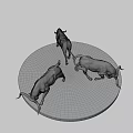 Three Silver Bull Sculptures On Black Circular Platform With Dark Background