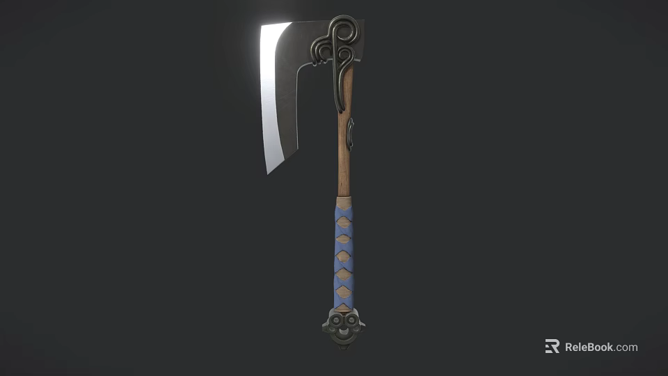 Decorative Battle Axe With Sharp Metal Blade Wooden Handle And Blue Ornamental Patterns 3d model 
