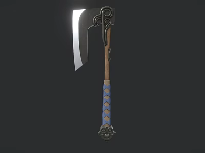 Decorative Battle Axe With Sharp Metal Blade Wooden Handle And Blue Ornamental Patterns 3d model