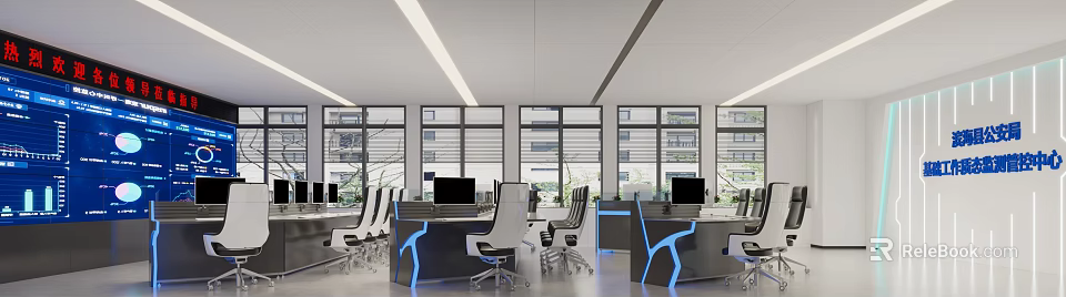 Modern Monitoring Room Interior With Multiple Computer Monitors Ergonomic Chairs And Blue LED Desks 3d model 