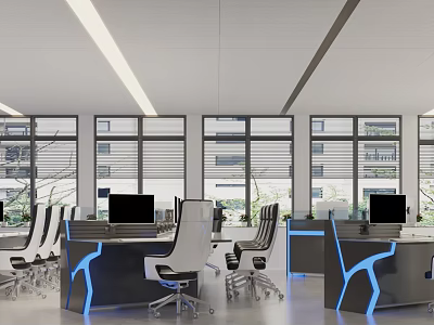 Modern Monitoring Room Interior With Multiple Computer Monitors Ergonomic Chairs And Blue LED Desks 3d model
