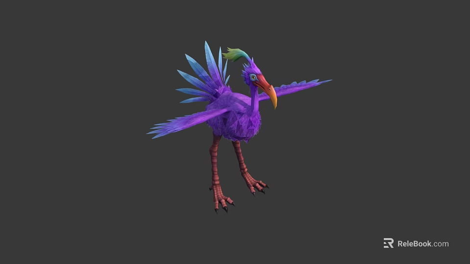 Purple Bird with Blue Wings Green Crest and Long Yellow Red Beak Spreading Wings 3d model 
