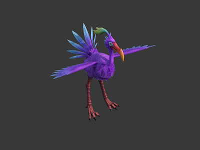 Purple Bird with Blue Wings Green Crest and Long Yellow Red Beak Spreading Wings 3d model