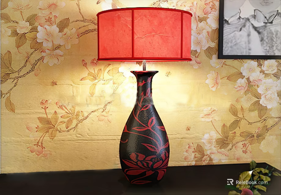 Black Vase Shaped Table Lamp With Red Floral Patterns And Red Lampshade On Floral Wallpaper 3d model 
