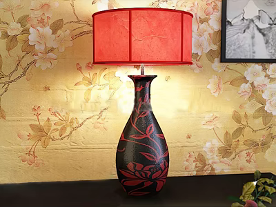 Black Vase Shaped Table Lamp With Red Floral Patterns And Red Lampshade On Floral Wallpaper 3d model