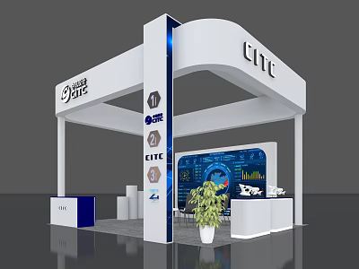 Modern White And Blue Exhibition Booth With CITC Logo Curved Design Display Screen And Potted Plant 3d model