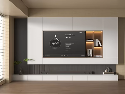 Modern TV Wall Design With White Cabinets Wooden Shelves And Decorative Items 3d model