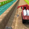 Red Industrial Dump Truck With Crane Loading Materials On Construction Site