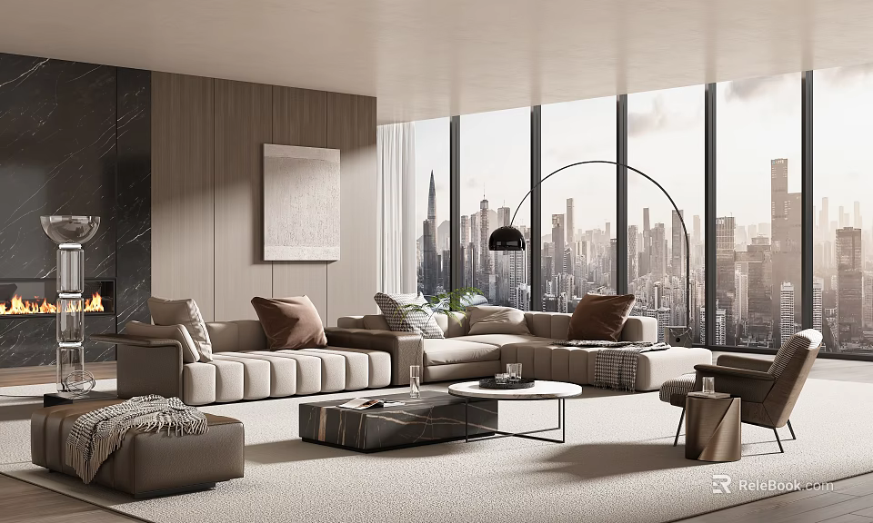 Modern Living Room With Large Windows City View Lshaped Sofa Throw Pillows And Floor Lamp 3d model 