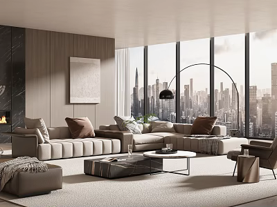 Modern Living Room With Large Windows City View Lshaped Sofa Throw Pillows And Floor Lamp 3d model