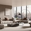 Modern Living Room With Large Windows City View Lshaped Sofa Throw Pillows And Floor Lamp