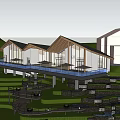 Modern Boutique Hotel Building With Wooden Roof Large Glass Windows Surrounding Greenery And Terrace Landscape