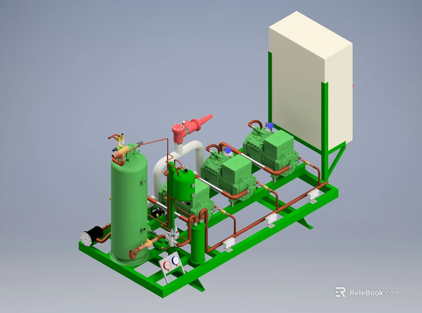 Industrial Equipment System with Green Tanks Pipes Pumps and White Enclosure 3d model 