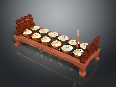 Traditional Percussion Musical Equipment With Carved Wooden Frame Golden Brass Bowls And Mallet 3d model